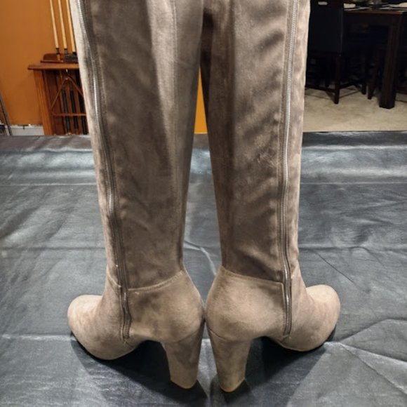 TAUPE SUEDE STUDDED KNEE HIGH BOOTS - Picture 5 of 6